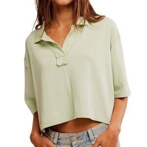 Free People Denmark Polo Candy Mint Oversized Cropped Textured Cotton‎ WN XL NWT